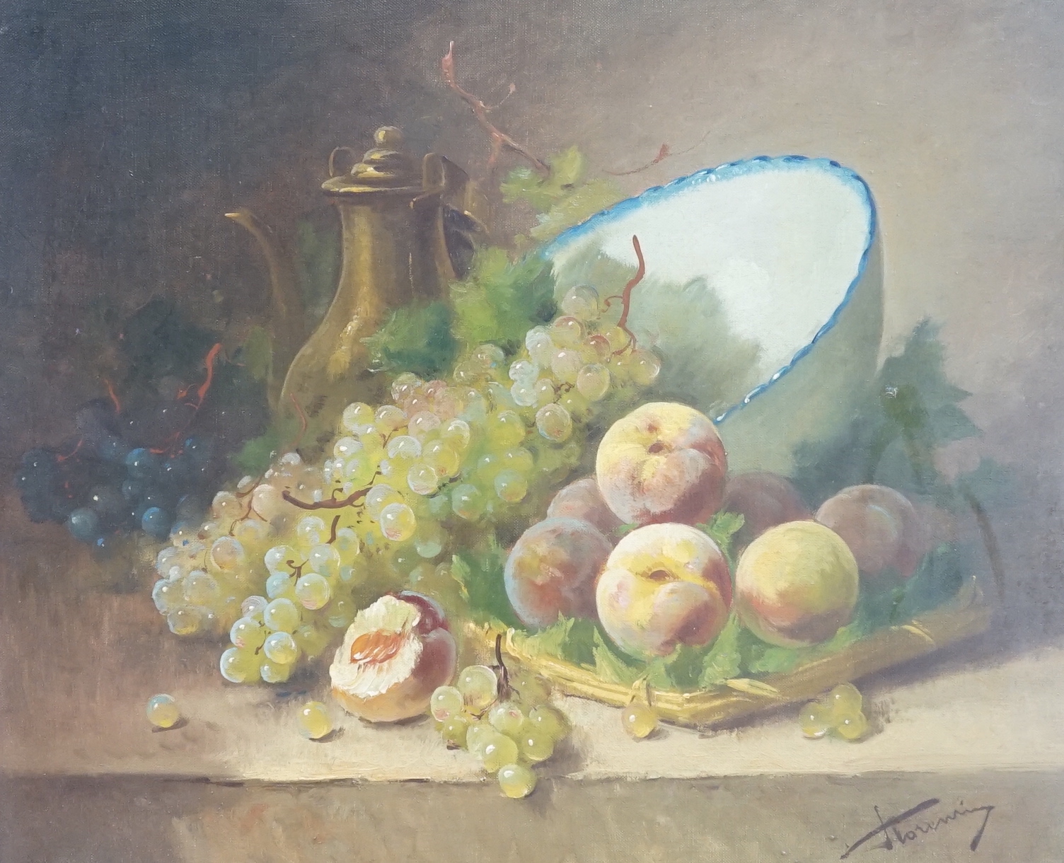 Victorian School, oil on canvas, still life of fruit and vessels, indistinctly signed, 63cm x 52cm ornate frame
